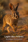 Lapin des rivires (Bunolagus monticularis) en action dans son milieu naturel, avec son nom franais et scientifique visible, format 1025x1536