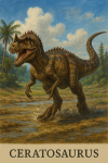Draw a Ceratosaurus in action in its natural habitat, including its scientific name.
