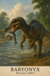 Draw a Baryonyx in action in its natural habitat, including its scientific name.