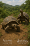 Deux tortues géantes — une de Santa Cruz (Chelonoidis porteri) et une d'Isabela du Sud (Chelonoidis vicina) — en action dans leur habitat naturel, avec leurs noms français et scientifiques visibles. Format 1025x1536.