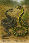 Draw a Grass Snake (Natrix natrix) and a Western Whip Snake (Hierophis viridiflavus) in action in their natural habitat, with their French and scientific names displayed.