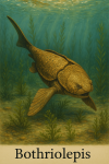 Draw a Bothriolepis in action in its natural habitat, including its scientific name.