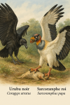 dessine moi un Coragyps atratus — Urubu noir et un Sarcoramphus papa — Sarcoramphe roi en action dans leur milieu naturel dans un format de 1025*1536 avec leurs noms Français et scientifique