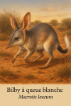 Un Macrotis leucura (Bilby  queue blanche) en action dans son habitat naturel, avec son nom franais et scientifique affich. Format 1025x1536.