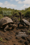 Tortue géante de Floreana (Chelonoidis nigra) et Tortue de Fernandina (Chelonoidis phantasticus) en action dans leur milieu naturel, avec leurs noms Français et scientifiques visibles, format 1025x1536