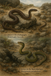Draw a Galapagos Racer Snake (Pseudalsophis biserialis) and a Steindachner Racer Snake (Pseudalsophis steindachneri) in action in their natural habitat, with their French and scientific names displayed.