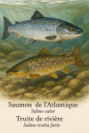 Draw an Atlantic Salmon (Salmo salar) and a River Trout (Salmo trutta fario) in action in their natural habitat, including their scientific and French names, in a 1025x1536 format.