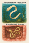 Illustration of Diphyllobothrium latum (Ténia du poisson) and Hymenolepis nana (Ténia nain) in action in their natural habitat, labeled with both French and scientific names