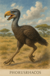 Draw a Phorusrhacos in action in its natural habitat, including its scientific name.