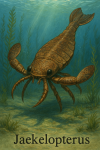 Draw a Jaekelopterus in action in its natural habitat, including its scientific name.