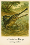 Le Gavial du Gange (Gavialis gangeticus) en action dans son habitat naturel, format 1025x1536, avec les noms français et scientifique visibles