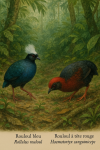 Illustration of a Rollulus rouloul (Rouloul bleu) and a Haematortyx sanguiniceps (Rouloul à tête rouge) in action in their natural habitat. The image should be in 1025x1536 format and include their French and scientific names.