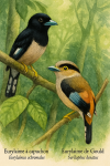 dessine un Eurylaime à capuchon (Eurylaimus ochromalus) et un Eurylaime de Gould (Serilophus lunatus) en action dans leur milieu naturel, avec leurs noms français et scientifiques visibles, dans un format 1025x1536