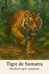 Tigre de Sumatra (Panthera tigris sumatrae) en action dans son habitat naturel, format 1025x1536, avec les noms français et scientifique visibles