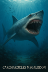 Draw a megalodon in action in its natural habitat, including its scientific name, in a 1025x1536 format.