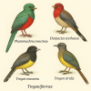 dessine moi des trogoniformes (oiseaux) d'espces diffrentes en couleurs sur fond clair en format 1024*1024 et leurs noms scientifique seulement.