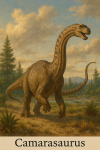 Draw a Camarasaurus in action in its natural habitat, including its scientific name.