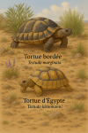 Dessine une Testudo marginata (Tortue borde) et une Testudo kleinmanni (Tortue d'gypte) en action dans leur milieu naturel. L'image doit inclure uniquement leurs noms en franais, et tre au format 1025x1536.