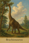 Draw a Brachiosaurus in action in its natural habitat, including its scientific name.