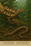 Illustration naturaliste de deux serpents endémiques de l'île Ronde :

1. Casarea dussumieri (Boa de l’île Ronde de Schlegel) — serpent vivant, représenté en train de grimper sur une branche dans une forêt tropicale luxuriante.

2. Bolyeria multocarinata (Boa de l’île Ronde de Dussumier) — espèce éteinte, représentée rampant sur le sol forestier couvert de feuilles, dans une scène évoquant son habitat naturel.

Les deux serpents sont identifiés par leurs noms français et scientifiques, intégrés élégamment dans l’image. Format demandé : 1025x1536.
