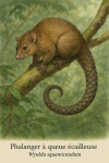 Phalanger à queue écailleuse (Wyulda squamicaudata) en action dans son habitat naturel, format 1025x1536, avec les noms français et scientifique visibles