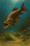 Draw a Holoptychius in action in its natural habitat, including its scientific name.