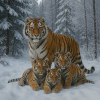 dessine moi une famille de tigre de siberie dans leur milieu naturel en plein hiver