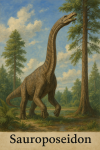 Draw a Sauroposeidon in action in its natural habitat, including its scientific name.