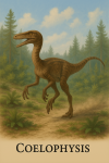 Draw a Coelophysis in action in its natural habitat, in a 1025x1536 format, with its scientific name.