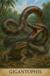 Draw a Gygantophis in action in its natural habitat, including its scientific name.
