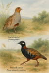 Perdrix grise (Perdix perdix) et Francolin noir (Francolinus francolinus) en action dans leur milieu naturel, format 1025x1536, avec leurs noms français et scientifiques
