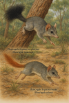 dessine moi un Phascogale à queue en pinceau (Phascogale tapoatafa) et un Phascogale à queue rousse (Phascogale calura) en action dans leur milieu naturel dans un format de 1025*1536 avec leurs noms Français et scientifique