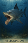 Draw an Helicoprion in action in its natural habitat with its scientific name