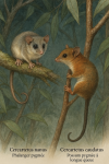 Illustration of a Cercartetus nanus (Phalanger pygmée) and a Cercartetus caudatus (Possum pygmée à longue queue) in action in their natural habitat. The image should be in 1025x1536 format and include both their French and scientific names.