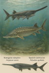 Draw European sturgeon (Acipenser sturio) and American paddlefish (Polyodon spathula) in action in their natural habitat, with their French and scientific names.