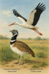 Draw a Little Bustard (Tetrax tetrax) and a White Stork (Ciconia ciconia) in action in their natural habitat, with their French and scientific names displayed.