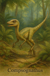 Draw a Compsognathus in action in its natural habitat, including its scientific name.