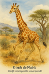 Girafe de Nubie (Giraffa camelopardalis camelopardalis) en action dans son milieu naturel, format 1025x1536, avec les noms Franais et scientifique