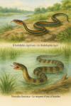 Illustration of two snakes in their natural habitat: Rhabdophis tigrinus (Le rhabdophis tigré) and Nerodia fasciata (Le serpent d’eau à bandes). The image should depict them in action, such as hunting or moving through their environment. Include their French and scientific names in the image. Format: 1025x1536.