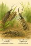 Illustration of Acanthacorydalis fruhstorferi (Corydale géant asiatique) and Corydalus cornutus (Corydale cornu d’Amérique) in action in their natural habitat, with their French and scientific names displayed. Format: 1025x1536