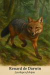 Renard de Darwin (Lycalopex fulvipes) en action dans son milieu naturel, avec son nom franais et scientifique visible