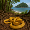 dessine moi le Fer-de-lance dor (Bothrops insularis) dans son milieu naturel sur son ile insulaire
