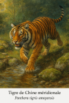 Tigre de Chine méridionale (Panthera tigris amoyensis) en action dans son milieu naturel, format 1025x1536, avec son nom français et scientifique