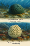 Illustration of Petrostroma schulzei (Éponge lithique de Schulze) and Minchinella sp. (Éponge lithique de Minchin) in their natural habitat, labeled with both French and scientific names, in a 1025x1536 format