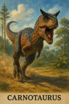 Draw a Carnotaurus in action in its natural habitat, including its scientific name