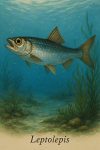 Draw a Leptolepis in action in its natural habitat, including its scientific name.