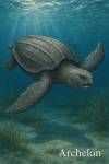 Draw an Archelon in action in its natural habitat, including its scientific name.