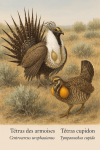 Dessine un Centrocercus urophasianus (Tétras des armoises) et un Tympanuchus cupido (Tétras cupidon) en action dans leur milieu naturel. L'image doit inclure leurs noms en français et en latin, et être au format 1025x1536.