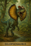 Draw a Dilophosaurus in action in its natural habitat, including its scientific name.