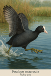 Draw a Eurasian Coot (Fulica atra) in action in its natural habitat, including its French and scientific names.
